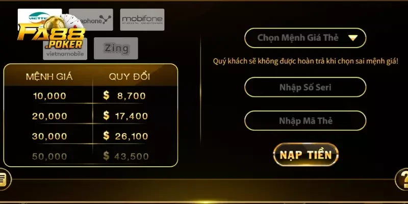 Phương thức nạp tiền fa88